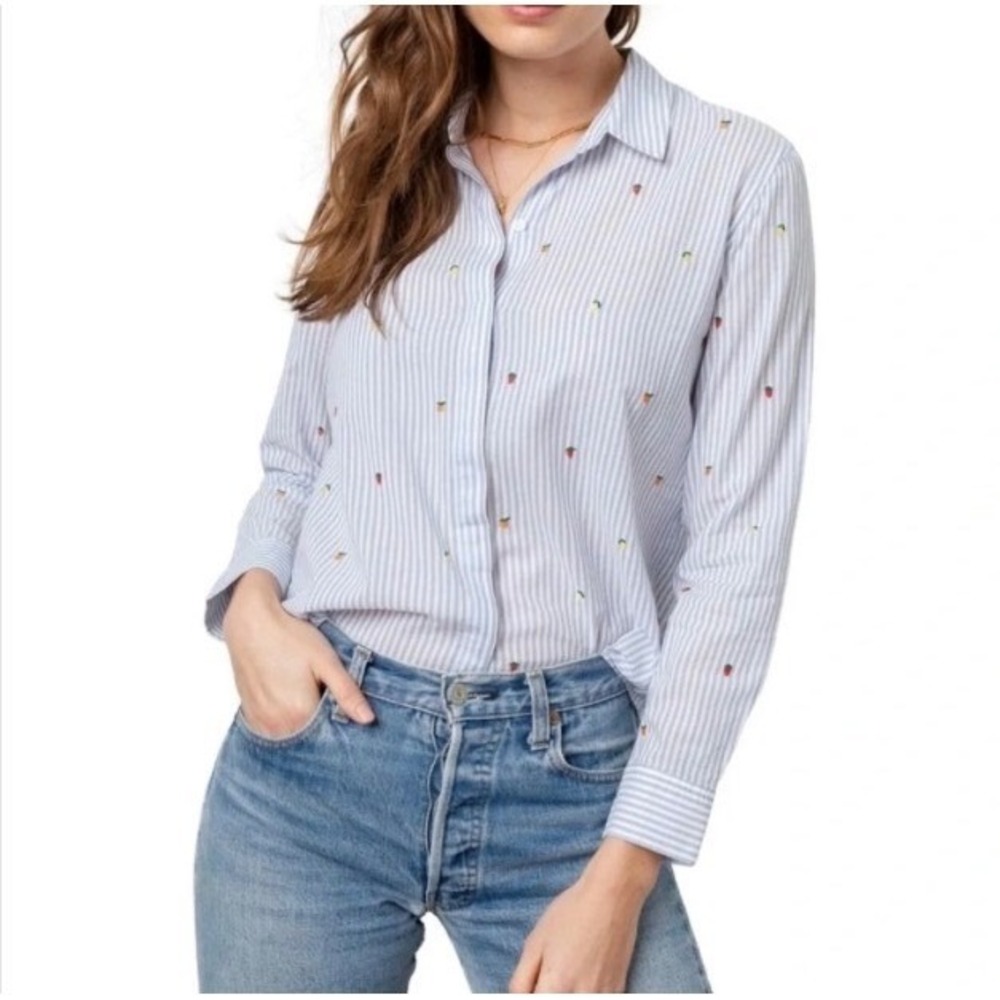 Rails Taylor Embroidered Citrus Shirt Blue White Striped Button Down Shirt M